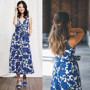Boden Riviera Wrap Midi Dress Blue and White Floral Size 6 Linen Cotton
